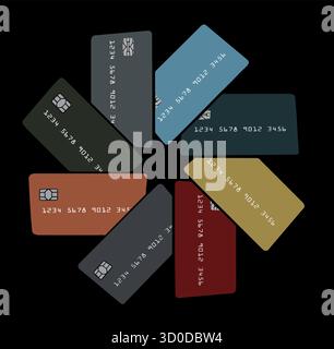 Credit cards, eight of them are arranged in a circular formation with an eight pointed star in the middle. They are generic, mock, safe for publicatio Stock Vector