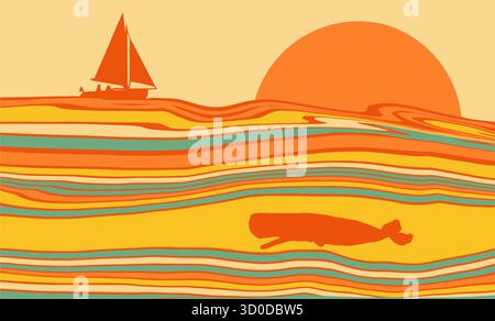 A sailboat is seen on colorful churning water at sea at sunset and a whale is seen below the boat in a colorful illustration about yachting or sailing Stock Vector