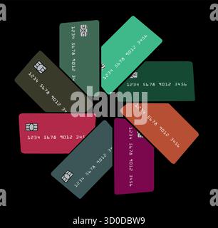 Credit cards, eight of them are arranged in a circular formation with an eight pointed star in the middle. They are generic, mock, safe for publicatio Stock Vector