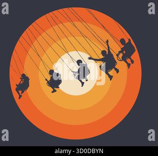 Kids swing on a carnival ride in front of a graphic image of a setting sun. Stock Vector