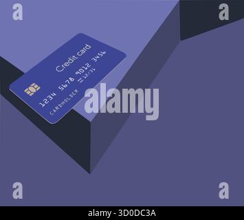 A generic mock credit card rest on a dark blue geometric background in a 3-d illustration about bank cards. Text area or copy space also in the image Stock Vector