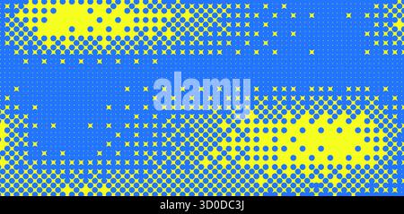 Abstract trendy halftone vibrant blue and yellow background. Noise colorful gradient cover. Grainy neon overlay. Bright dots pattern horizontal banner Stock Vector