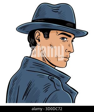 Colored vector portrait of a male agent in a fedora and trench coat. Pop art hand drawn style with bold outline. Suitable for banner poster editorial Stock Vector
