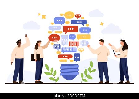 Group of diverse people collaborating and sharing ideas with colorful speech bubbles forming a lightbulb, symbolizing teamwork, innovation, and effective communication, isolated on white background vector illustration Stock Vector