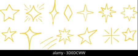 Hand drawn Christmas crayon stars set. Cute yellow outline crayon stars with chalk texture and cozy childlike style. Perfect pencil sketches doodles f Stock Vector