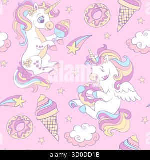 Seamless pattern with cute sweet tooth unicorns and stars on a pink background. Vector illustration for party, print, baby shower, wallpaper, design, Stock Vector