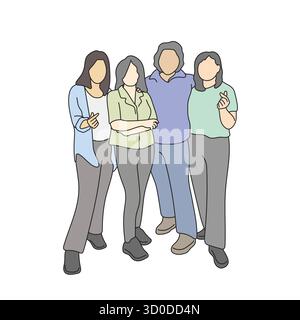 four women standing together illustration vector hand drawn with black lines Stock Vector