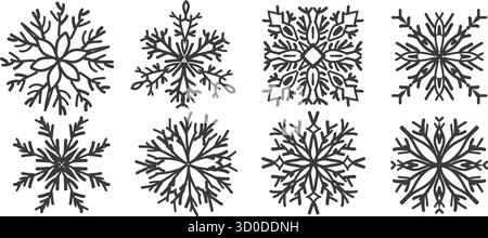 Snowflakes doodle hand drawn set. Winter season frozen elements. Christmas snowy symbols. Vector simple ice crystal shapes illustration isolated on tr Stock Vector
