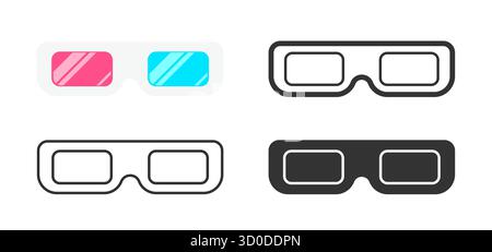 Stereoscopic movie glasses set. Spectacles, cinema vision 3d effect frame red blue lenses, line, color flat, black silhouette, glyph, linear style. Anaglyph, depth, red-cyan, dimensional eyeglasses Stock Vector