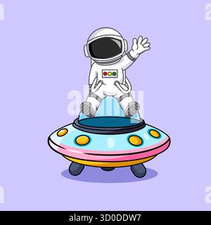 Cute Astronaut Riding a UFO in Space Vector Illustration Cartoon Design Stock Vector