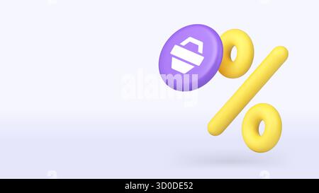 Grocery supermarket shopping sale discount 3d icon banner copy space vector illustration. Shop store market marketplace boutique special offer price o Stock Vector