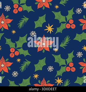 Christmas Crayon Seamless Pattern with red poinsettias, green holly leaves on dark blue background. New Year Ornament. Textured Hand-Drawn Doodle. Squ Stock Vector