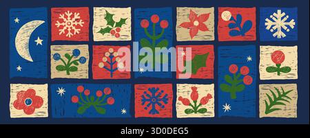 Christmas Crayon Folk Art Element set. New Year Primitive Pattern in Patchwork style. Isolated Tiles with plants and snowflake. Textured Hand Drawing Stock Vector