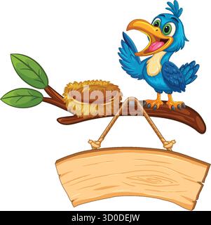 Cheerful blue cartoon bird with nest on leafy branch above blank wooden sign, vector illustration. Stock Vector