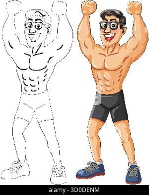 Cartoon vector illustration of athletic man with glasses, flexing arms, colored and outline versions Stock Vector