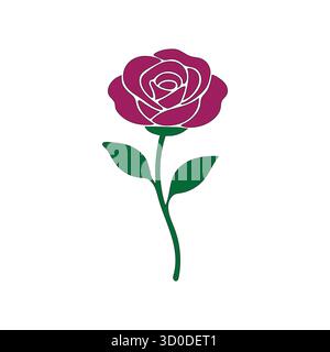 Elegant Single Purple Rose Illustration on Stem with Leaves - Simple Floral Graphic Design Stock Vector