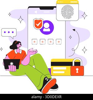 Digital Identity Security Illustration Featuring Secure User Authentication With Passwords, Verifying Identities, Biometric Data, And Login Activity Stock Vector