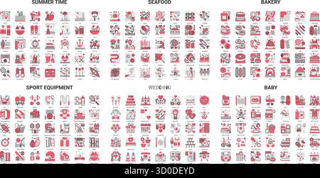 Comprehensive collection of modern line icons covering summer, seafood, bakery, sport, wedding, and baby themes perfect for web, app, and print design isolated on white background vector illustration Stock Vector