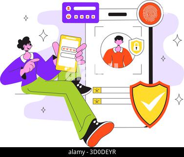 Digital Identity Security Illustration Featuring Secure User Authentication With Passwords, Verifying Identities, Biometric Data, And Login Activity Stock Vector