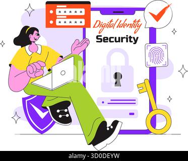Digital Identity Security Illustration Featuring Secure User Authentication With Passwords, Verifying Identities, Biometric Data, And Login Activity Stock Vector