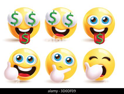Emoji money dollar icon clipart set. Yellow emoji money eyes character clip art with like hand, thumbs up, thinking and sleepy facial expression Stock Vector