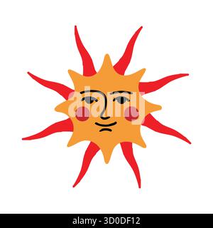 Bohemian Sun Face Icon: Folk Art Style Solar Deity with Hand-Drawn Rays Stock Vector