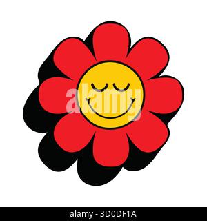 Retro Smiley Flower Icon: Groovy Red Daisy with Psychedelic Drop Shadow Stock Vector