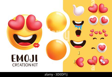 Emoji in love creation kit clipart set. Emoji editable face character with heart eyes, yellow round head, kissing lips and flying kiss facial Stock Vector