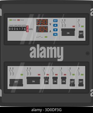 Home electrical panel with energy meter and circuit breakers. Vector illustration on transparent background Stock Vector