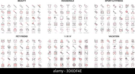 Set of modern line icons representing beauty, household, sport, fitness, pet, hobby, and vacation concepts perfect for web, app, or print design isolated on white background vector illustration Stock Vector