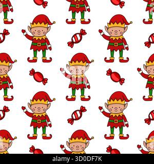 Charming vector seamless pattern featuring cheerful Christmas elves in red and green outfits alongside festive red candies, perfect for holiday-themed Stock Vector