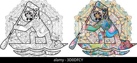 Hand-painted art design on mandala for coloring. Hand drawn illustration Icon Canoe sprint for t-shirt and other decoration. Stock Vector