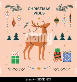 A festive illustration showcases a stylized deer surrounded by decorative ornaments, stylized christmas trees, and colorful gift boxes. The graphic el Stock Vector