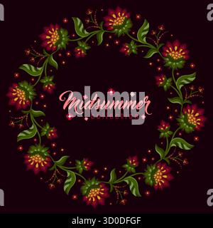 Bold dark floral wreath pattern, rich Renaissance colors red green gold, vector illustration with flowers leaves on deep maroon background. Stock Vector