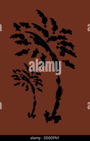 A bold vector illustration featuring two palm trees in black brush-stroke silhouette style. Set against a solid brown background, the minimalist compo Stock Vector