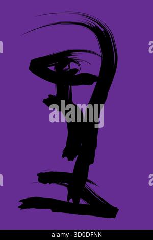 A bold and minimalist abstract vector illustration of a human face created using expressive black ink strokes on a striking purple background. The fac Stock Vector