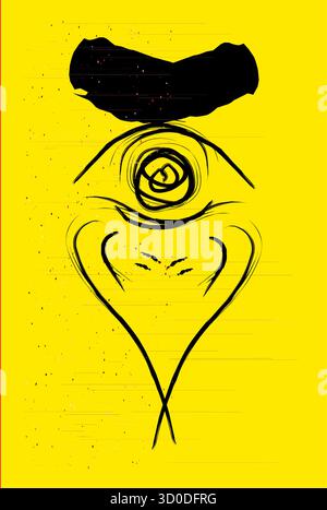 High-contrast vector illustration featuring a stylized Illuminati eye made of concentric circles, set against a vivid yellow background. A black cresc Stock Vector