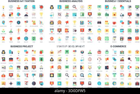Comprehensive set of 180 simple flat icons for business, startup, project management, analysis, e-commerce, and essentials, perfect for web, apps, presentations, and infographics vector illustration Stock Vector