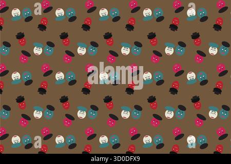 A playful abstract vector pattern featuring colorful circles and semi-circles on a brown background. Includes expressive faces and plain shapes in red Stock Vector
