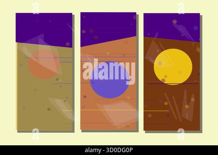 A modern abstract set of three wall art panels featuring deep purple diagonal tops and earthy-toned bottoms. The middle and right panels include blue Stock Vector
