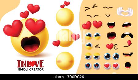 Emoji in love smiley creator kit clipart set. Editable in love creation kit clip art with eyes, mouth and hand heart emoticon collection in nubes Stock Vector