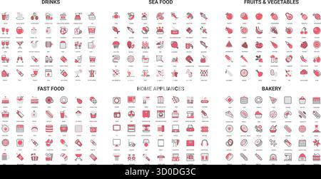 Comprehensive collection of modern line icons for drinks, seafood, fruits, vegetables, fast food, home appliances, and bakery perfect for menu design and digital projects vector illustration Stock Vector