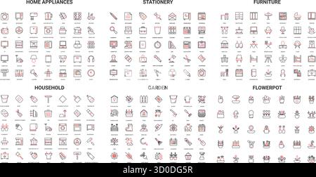 Minimalist line icons collection for home appliances stationery furniture household garden flowerpot perfect for web design infographics user interface isolated on white background vector illustration Stock Vector