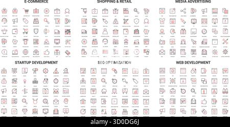 Comprehensive set of modern line icons for e-commerce, shopping, advertising, startup, SEO, and web development perfect for digital projects and presentations isolated vector illustration Stock Vector