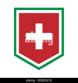 Medical Defense Shield Icon: Red Cross, Green Border, and Health Protection Logo Stock Vector