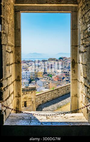 View through a window of the new fortress of the old town of Corfu, Greece Stock Photo