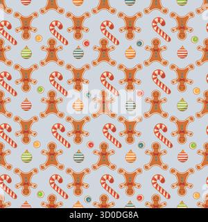 Christmas-themed pattern featuring gingerbread cookies, candy canes, and ornaments in seamless design vector Stock Vector