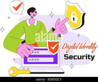 Digital Identity Security Illustration Featuring Secure User Authentication With Passwords, Verifying Identities, Biometric Data, And Login Activity Stock Vector