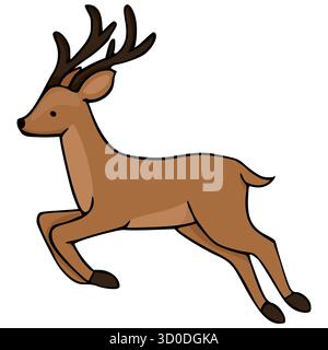 Running deer vector illustration with brown fur and dark antlers, captured in mid-leap against a clean white background. Stock Vector