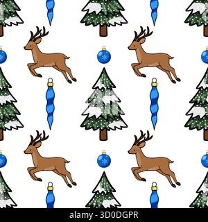 Seamless winter forest vector pattern featuring leaping deer, snow-covered Christmas trees, and vibrant blue icicle and ornament decorations. Stock Vector